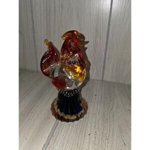 Vtg Art Glass Rooster Orange Auburn Cobalt Blue 6" Murano Style Collectable